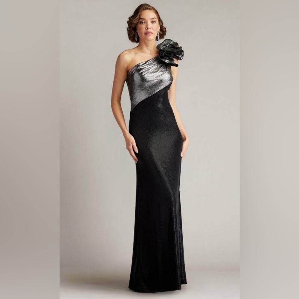 Tadashi Shoji One-Shoulder Black and Silver Gown